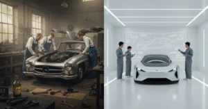Ein Bild mit einer Zweiteilung: auf der linken Seite: deutsche Ingenieure an einem alten Verbrenner Auto, auf der rechten Seite ein hochmodernes Büro in dem chinesische Software Ingenieure an einem Elektromobil arbeiten